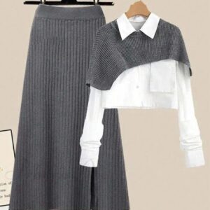 Round Neck Hem Shawl Collar Knit 2 Ps Set