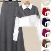 Round Neck Hem Shawl Collar Knit 2 Ps Set