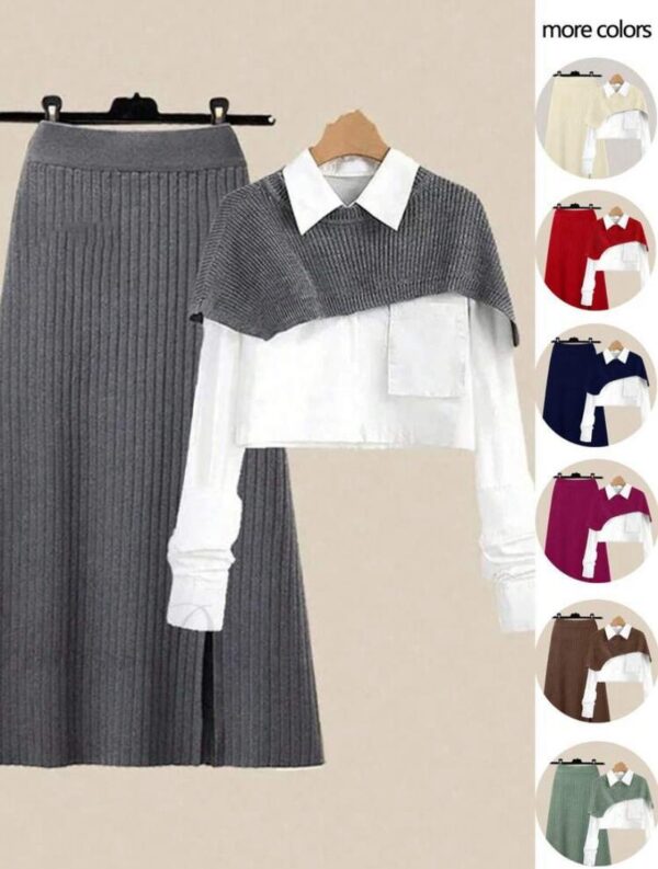 Round Neck Hem Shawl Collar Knit 2 Ps Set