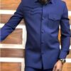 Blue 2 Pcs suit set, Lapel collar and draw string stylish pants