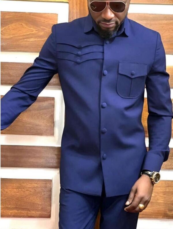 Blue 2 Pcs suit set, Lapel collar and draw string stylish pants