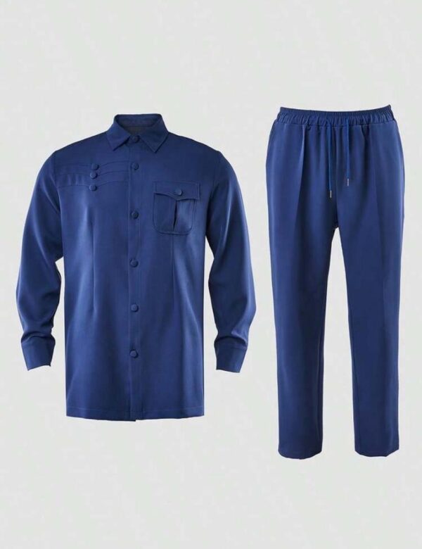 Blue 2 Pcs suit set, Lapel collar and draw string stylish pants