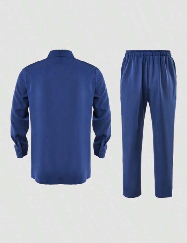 Blue 2 Pcs suit set, Lapel collar and draw string stylish pants