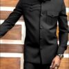 Black 2 Pcs suit set, Lapel collar and draw string stylish pants