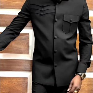 Black 2 Pcs suit set, Lapel collar and draw string stylish pants