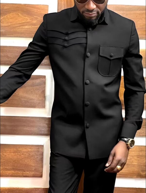 Black 2 Pcs suit set, Lapel collar and draw string stylish pants