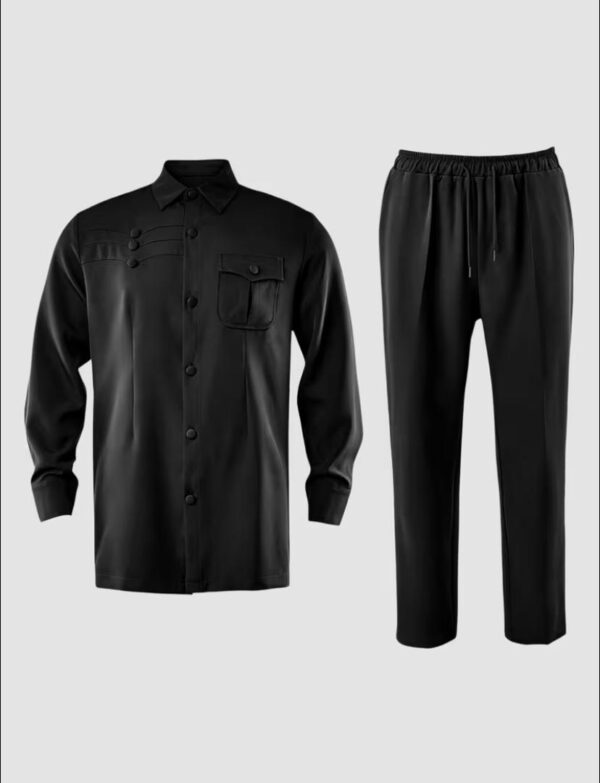 Black 2 Pcs suit set, Lapel collar and draw string stylish pants