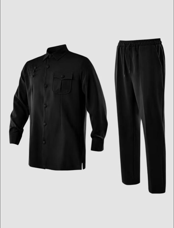 Black 2 Pcs suit set, Lapel collar and draw string stylish pants
