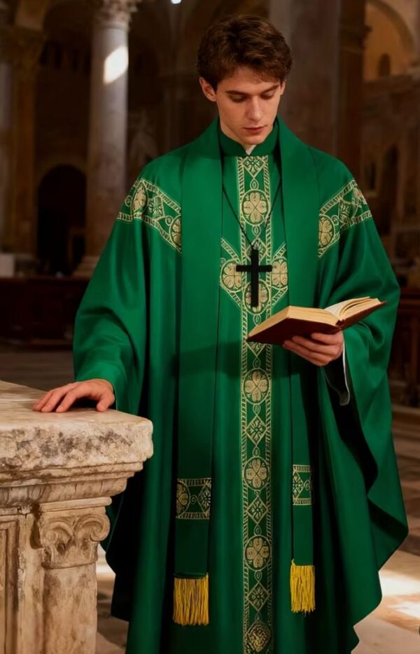 Green Clerical Robe Set With A Sash & Shawl:
