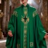 Green Clerical Robe Set With A Sash & Shawl: