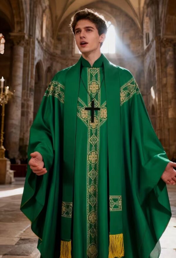 Green Clerical Robe Set With A Sash & Shawl: