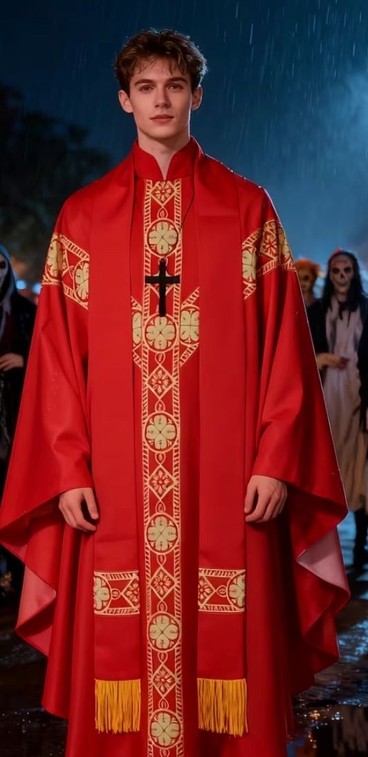 Red Clerical Robe Set With A Sash & Shawl