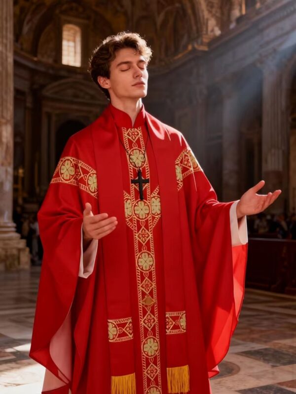 Red Clerical Robe Set With A Sash & Shawl